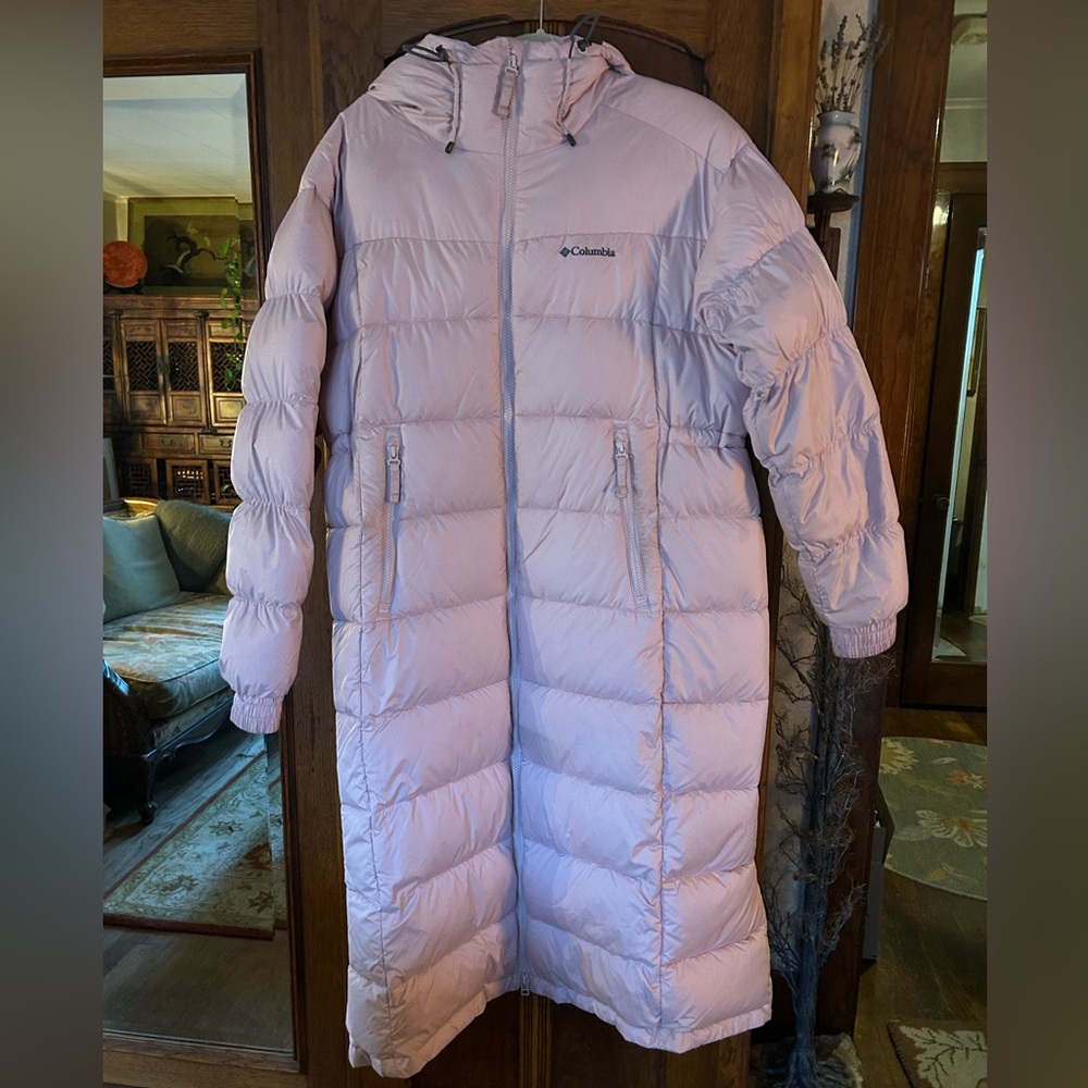 Columbia Omni heat Long Puffer Coat in Light Pink